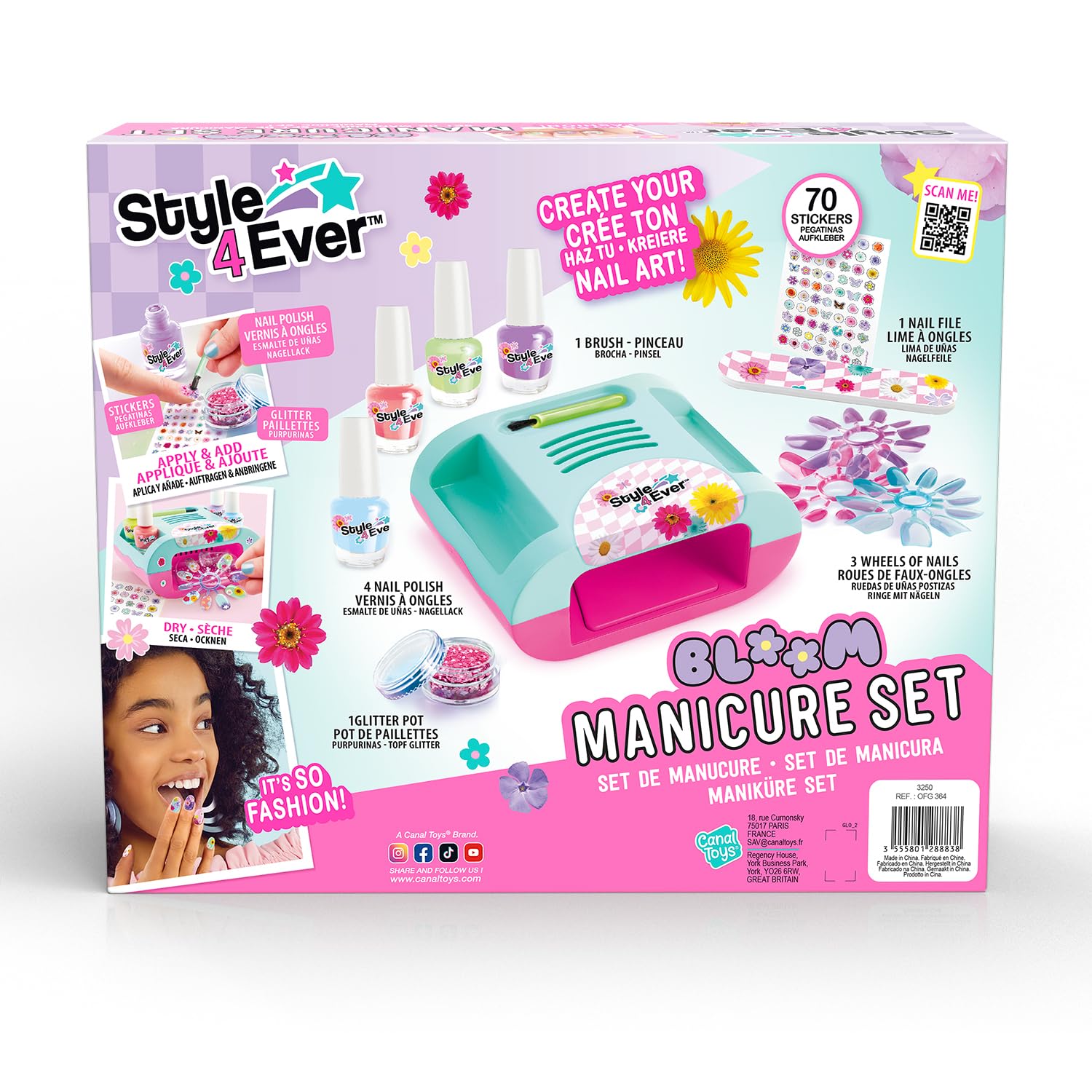 Canal Toys Style 4 Ever – Set de Manucure Bloom – 4 Vernis, Séchoir à Ongles, Faux Ongles, Paillettes et Stickers – Kit Créatif Nail Art Enfant 8+ Ans- Idée Cadeau Beauté – OFG364