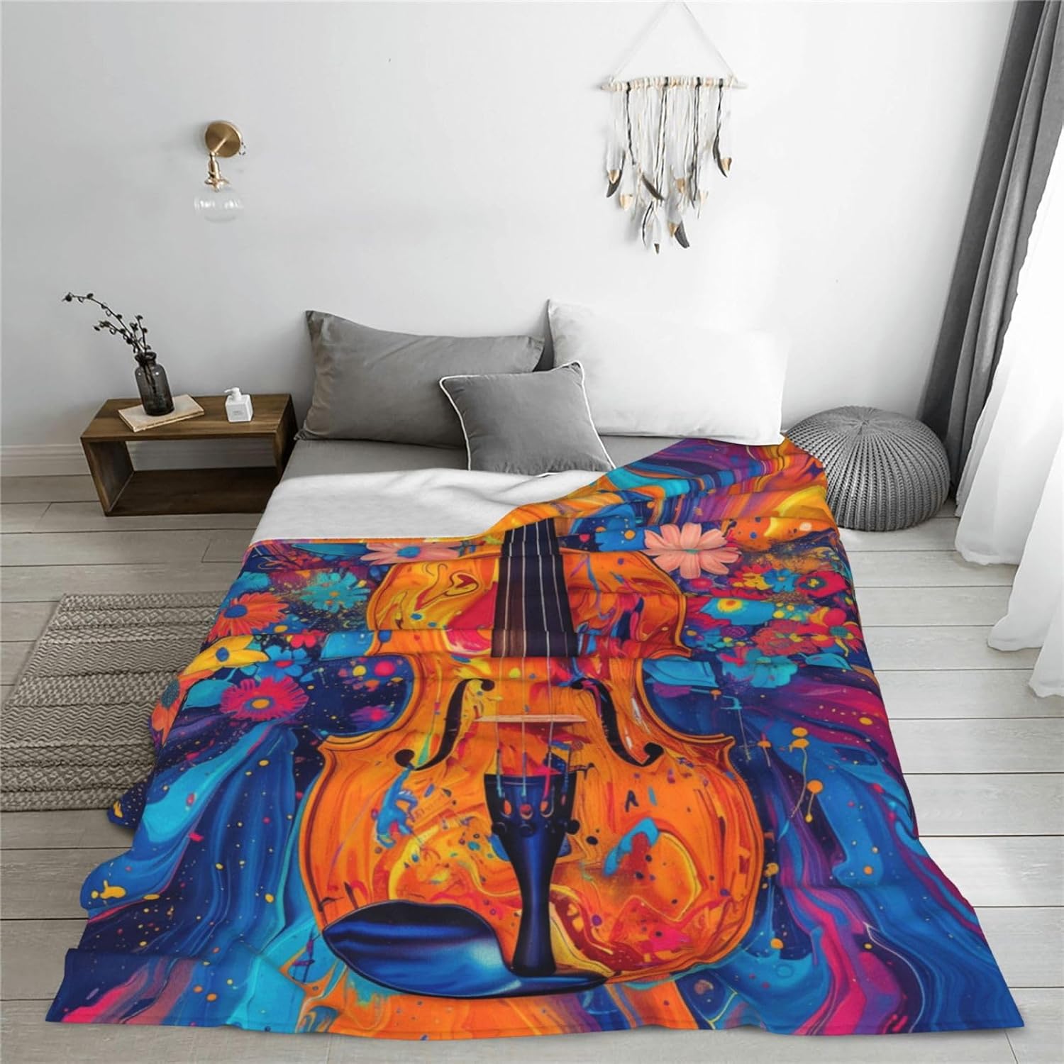 Colorful Violin Art Blanket for Women, Music Lovers Throw Blankets Soft Lightweight Flannel Throws for Bed Sofa Home Decor, Gifts for Girls Kids, 50x60in