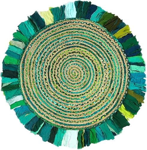 Gruhum Round Jute Chindi Cotton Area Rug 6Ft Multi Collection Handwoven Boho Fringe Jute Area Rug Soft Braided For Indoor Outdoor Kitchen Bedroom Living Hallways Enterways Green/Natural #TOP3