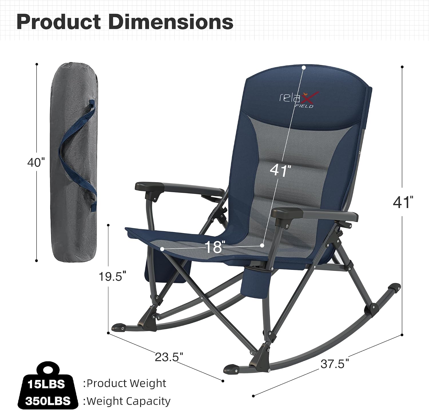 Rocking Camping Chair for Adults, Portable Folding Rocker Chair with Cup Holder and Side Pocket, Outdoor Chair, Navy