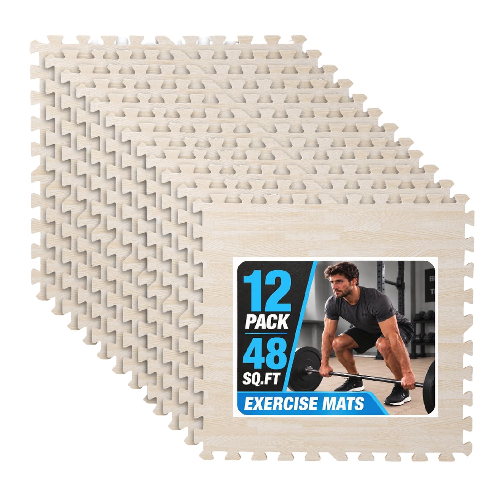 Art3d EVA Puzzle Exercise Mats, 24"x24", 1/2" Thick,12-Pack,White Oak