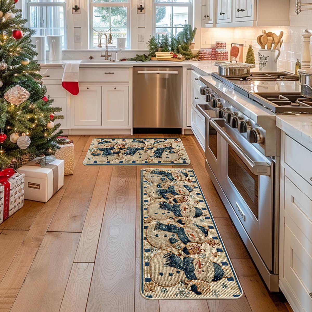 Artoid Mode Blue Snowman Gifts Snowflakes Winter Kitchen Mats Set of 2, Christmas Low-Profile Home Decor Kitchen Rugs for Floor - 17x29 and 17x47 Inch