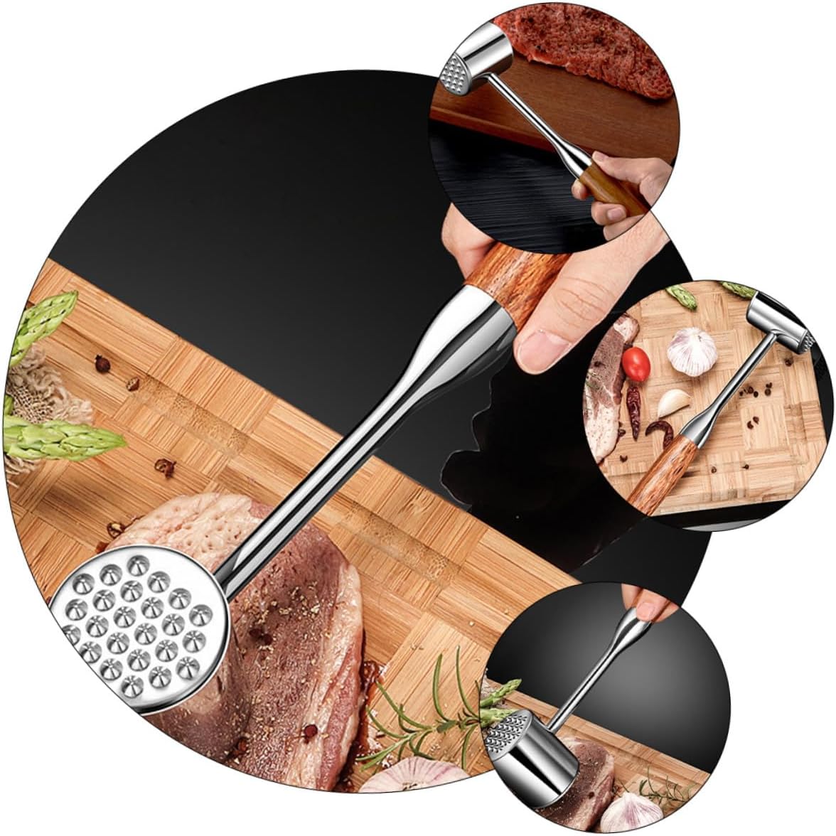 Stainless Steel Meat Tenderizer Hammer 304 Steel Kitchen Mallet for Home Use with Hardwood Handle, Dual-sided Steak Pounder Tool for Beef, Chicken, and Pork Cooking Random Color