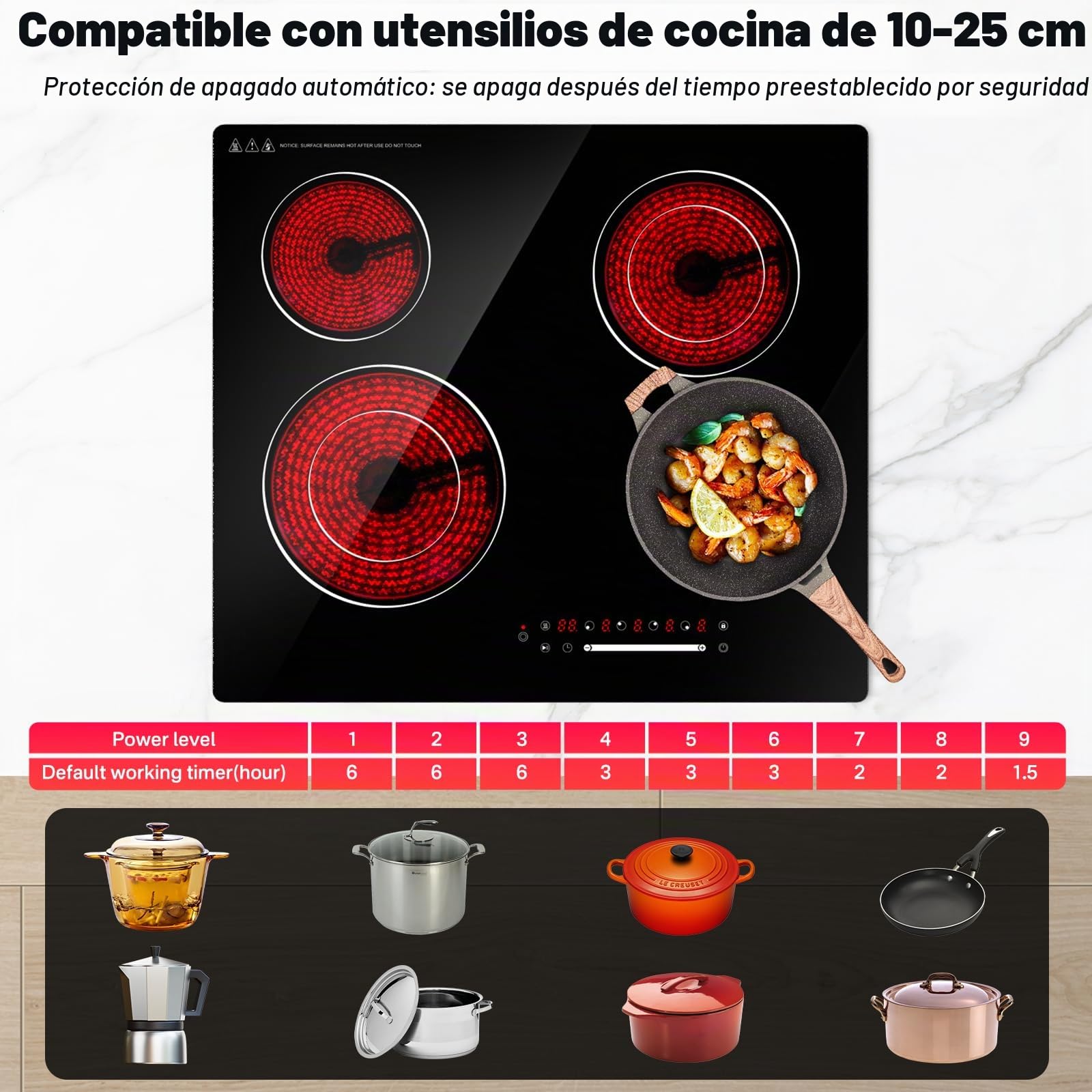 Alemania Placa Vitrocerámica 60 cm 4 Zonas 6700W con Zona Doble, Placa Eléctrica Empotrable con Control Deslizante, Temporizador, Pausa, Mantener Caliente, Bloqueo Infantil