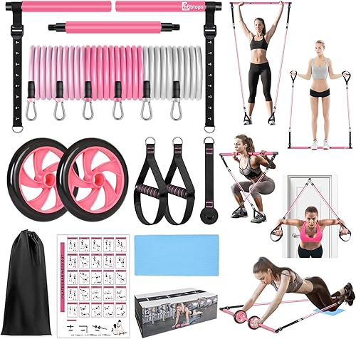 Kit de barra de pilates con bandas de resistencia, barra de ejercicio de equipo de pilates con rodillo de abdominales para entrenamiento de
