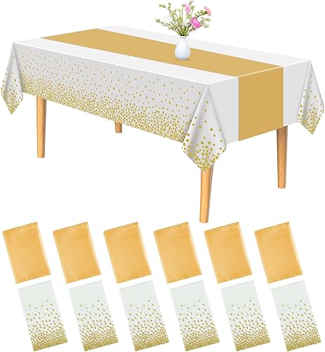 PLULON Juego de 12 manteles de plástico y camino de mesa de satén, mantel rectangular de lunares blancos y rosas, camino de mesa de satén dorado