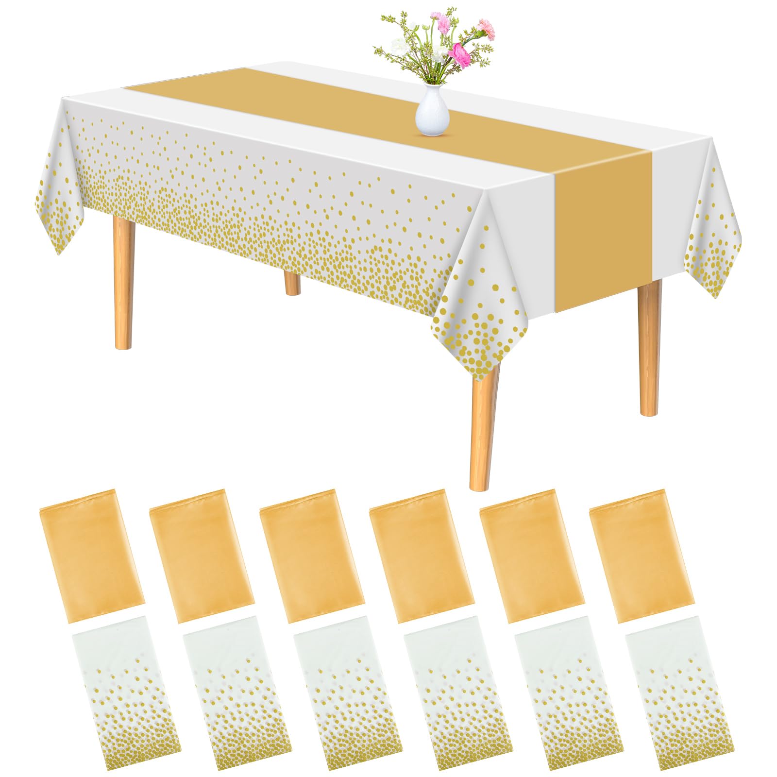 PLULON 12Pack Plastic Tablecloth and Satin Table Runner Set White and Gold Dot Rectangle Table Cover Gold Satin Table Runner for Wedding Birthday Baby Shower Picnic Kitchen Dinning Table Decorations