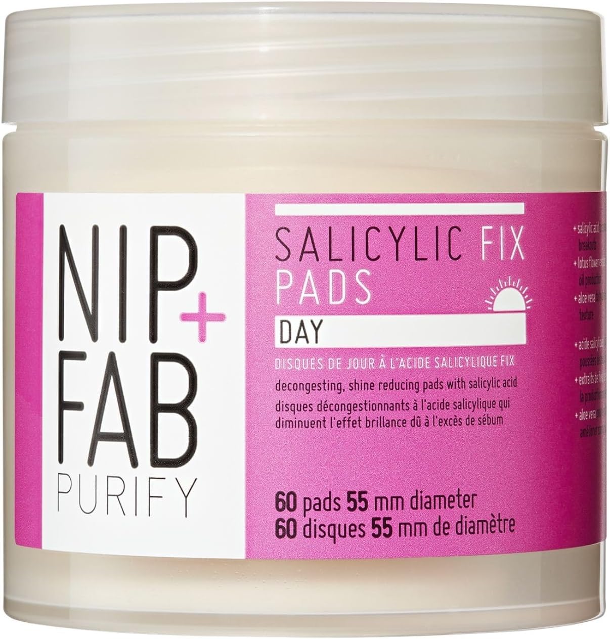 Nip + Fab Salicylic Acid Fix Day Pads for Face with Aloe Vera, Exfoliating Facial Pad BHA Exfoliant for Skin Hydration Acne Breakouts Refining Pores Oil Control, 60 Pads, 80ml