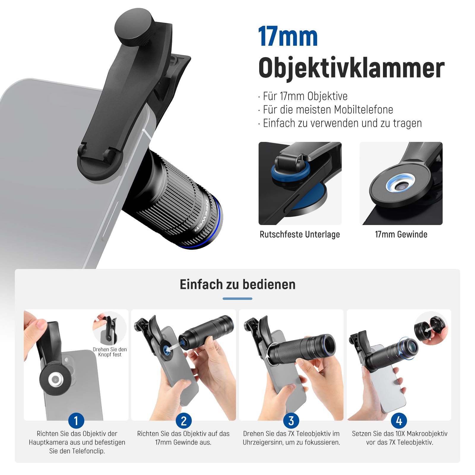 NEEWER 7X Telephoto Objektiv mit Handy Kamera Objektiv Klemme, abnehmbares 10X Makro für 17mm Gewinde Rückplatte/Telefonkäfig/Kompatibel mit iPhone Samsung, LS-36 Ultra