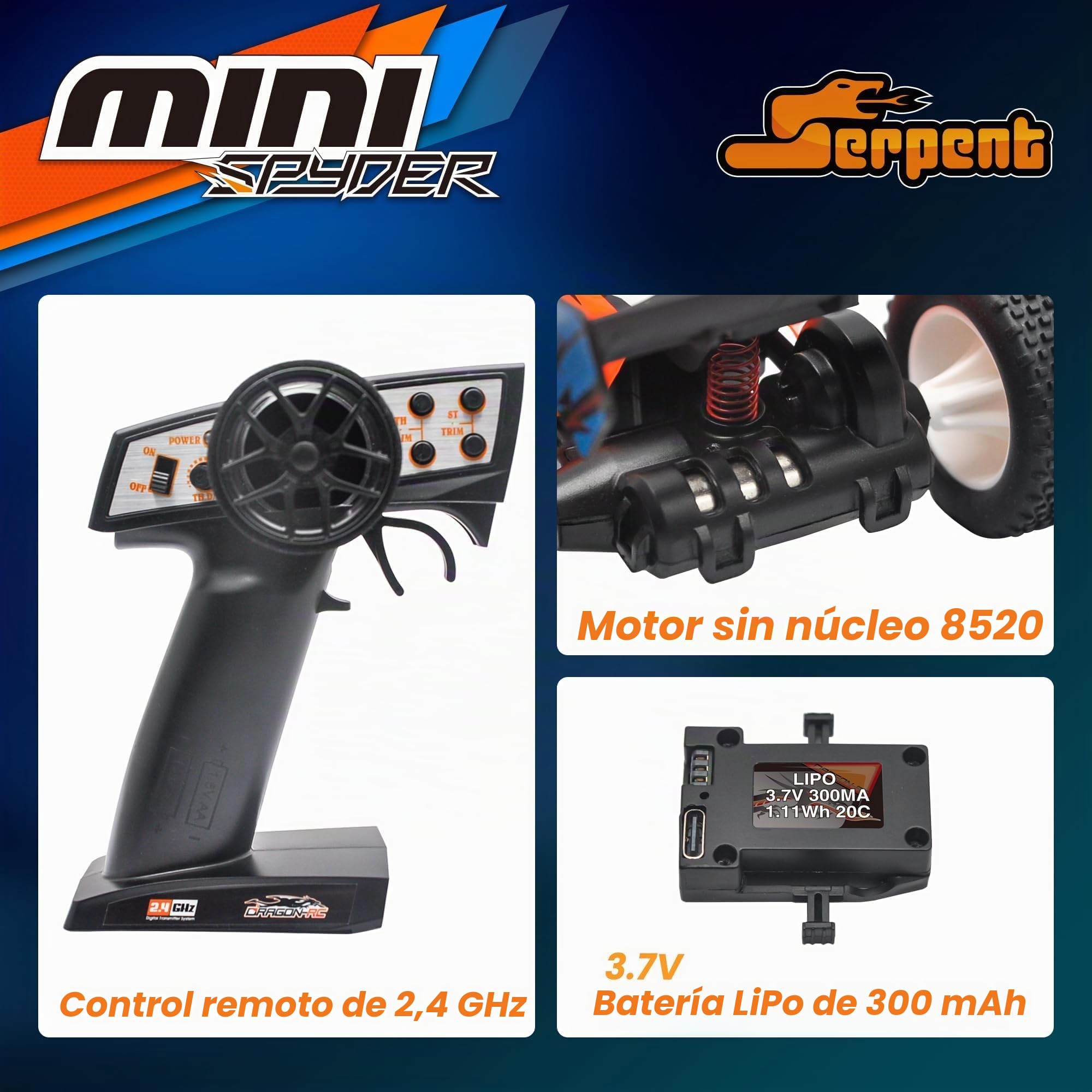 Serpent 1/24 Mini RC RTR, 2,4 GHz, Coche teledirigido con giroscopio | vehículo Todoterreno de Alto Rendimiento, Incluye 2 batería y Cable de Carga USB (430001-2)