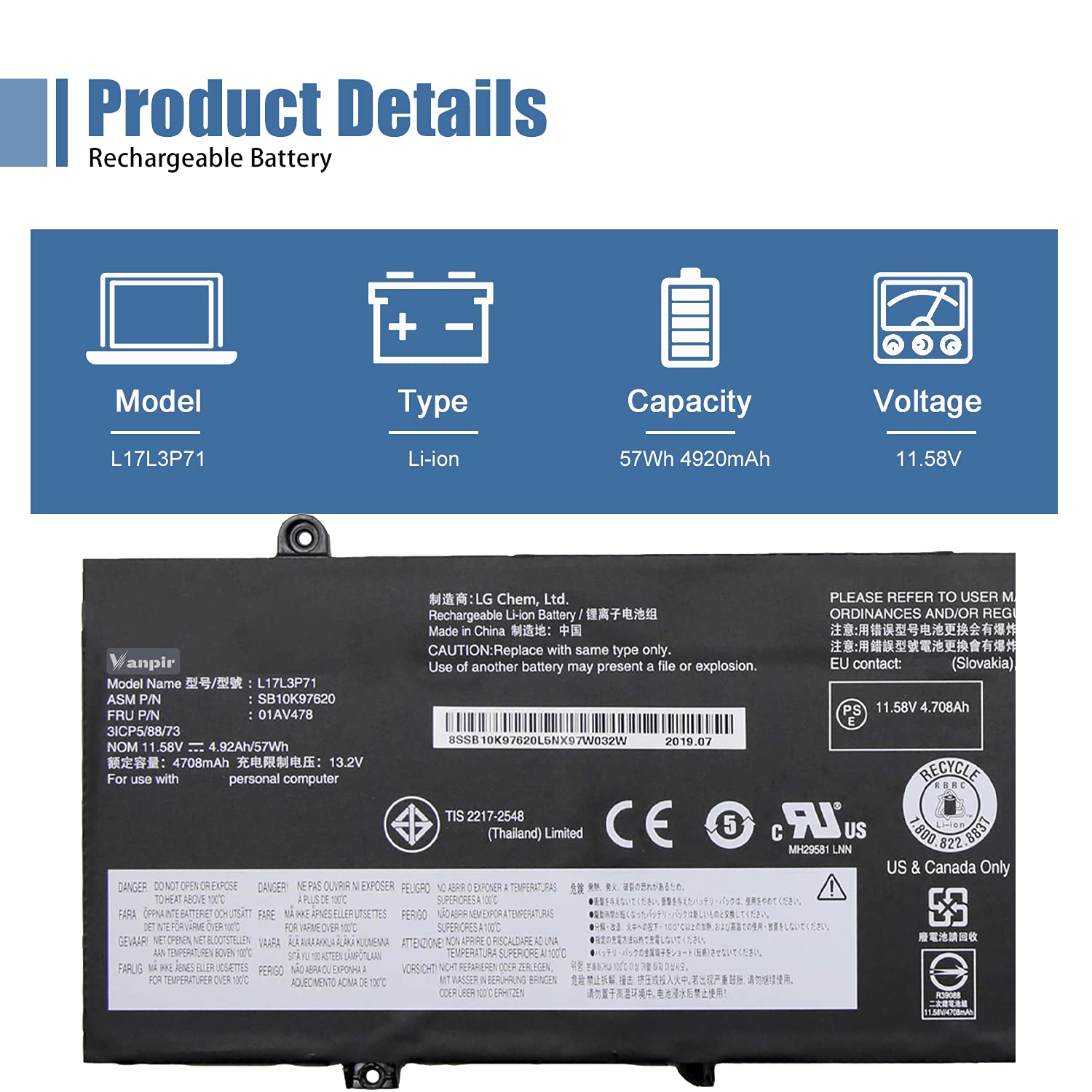 Amazon.com: VANPIR L17L3P71 01AV478 Laptop Battery, 11.58V