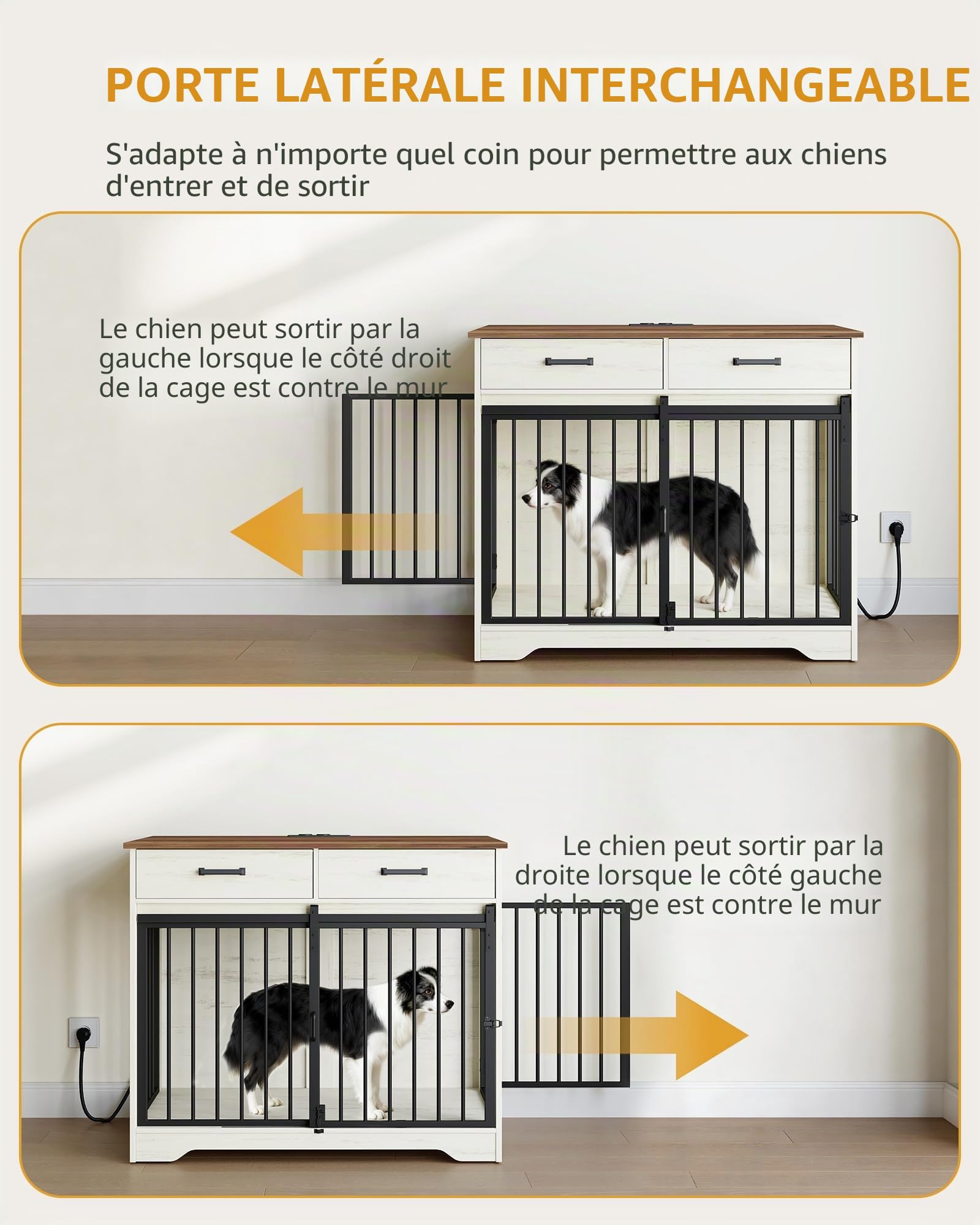 Cage pour Chien Meuble avec Prise, Table d'appoint pour Moyens/Grands Chiens, 97 x 56 x 81 cm, Blanc et Marron