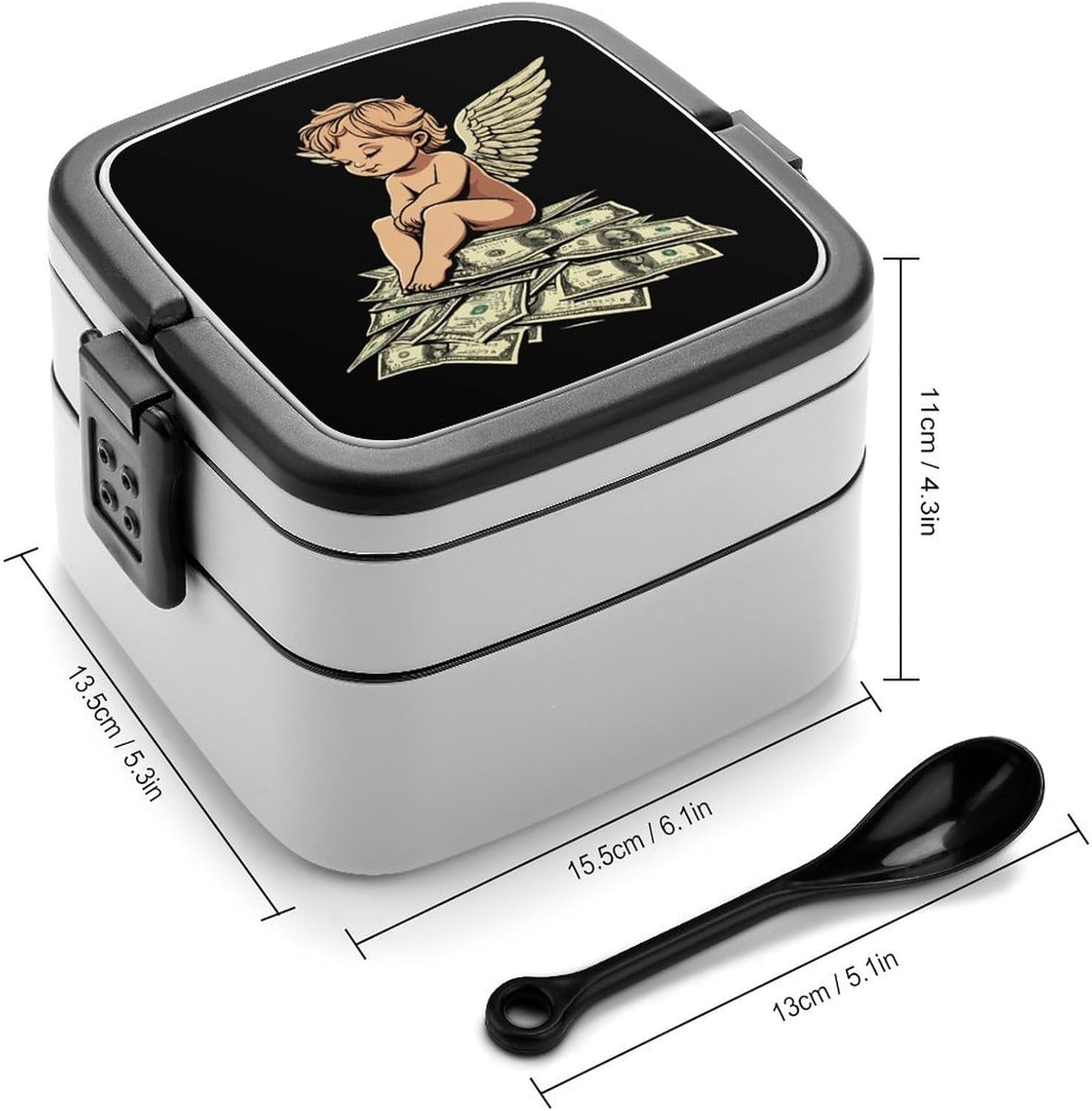 Angeles Dollar Money Print Bento Box with Spoon 2 Layer Food Container Cute Lunch Box for Travel Dining Work