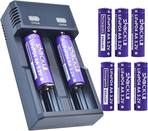 Shockli AA 3.2V 650mAh LiFePO4 Batería solar recargable con cargador, AA 3.2 voltios batería de fosfato de hierro y litio para luces solares al aire