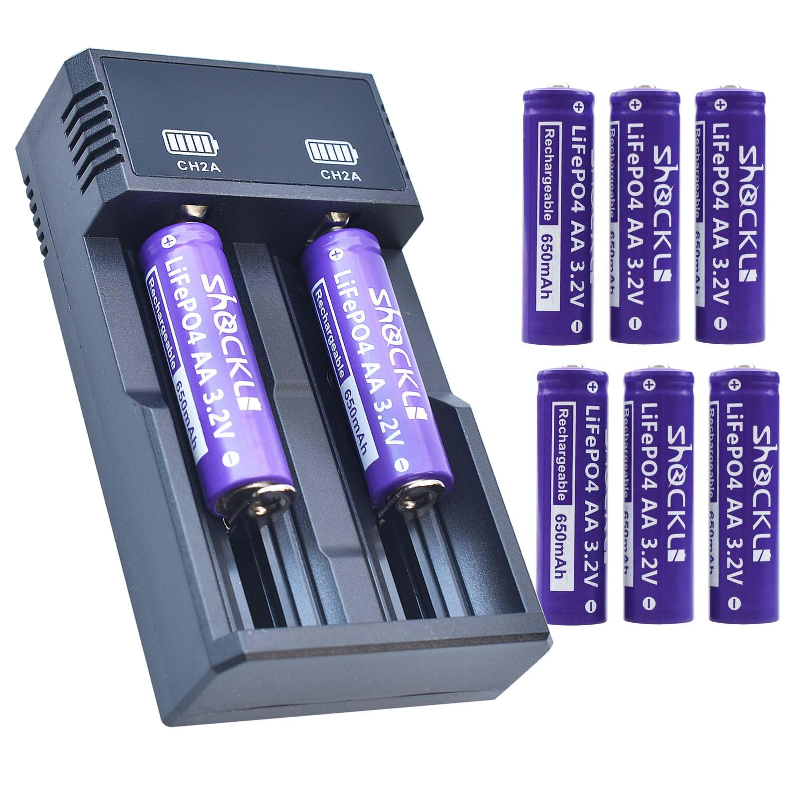 funkawa (8-Pack) Shockli AA 3.2V 650mAh LiFePO4 Rechargeable Solar Battery with Charger, AA 3.2 Volt Lithium Iron Phosphate Battery for Outdoor Solar Lights