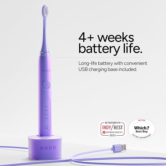 ORDO Sonic+ Electric Toothbrush for Adults, Advanced Tech, 4 Brushing Modes, Fast Rechargeable, Sonic Toothbrushes Over 4 Weeks Battery Life, Silicone Polishing Element, USB Charger, Pearl Violet