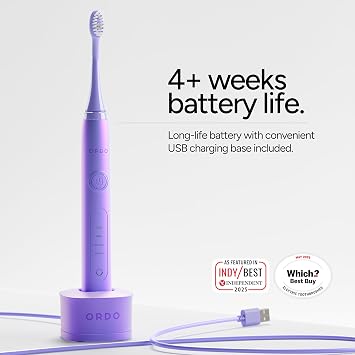 ORDO Sonic+ Electric Toothbrush for Adults, Advanced Tech, 4 Brushing Modes, Fast Rechargeable, Sonic Toothbrushes Over 4 Weeks Battery Life, Silicone Polishing Element, USB Charger, Pearl Violet