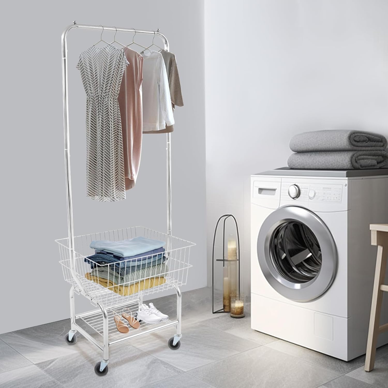 Laundry Cart with Hanging Rack, Metal Laundry Basket with Wheels, Rolling Laundry Hamper with Storage Basket and Shelf (Silver)