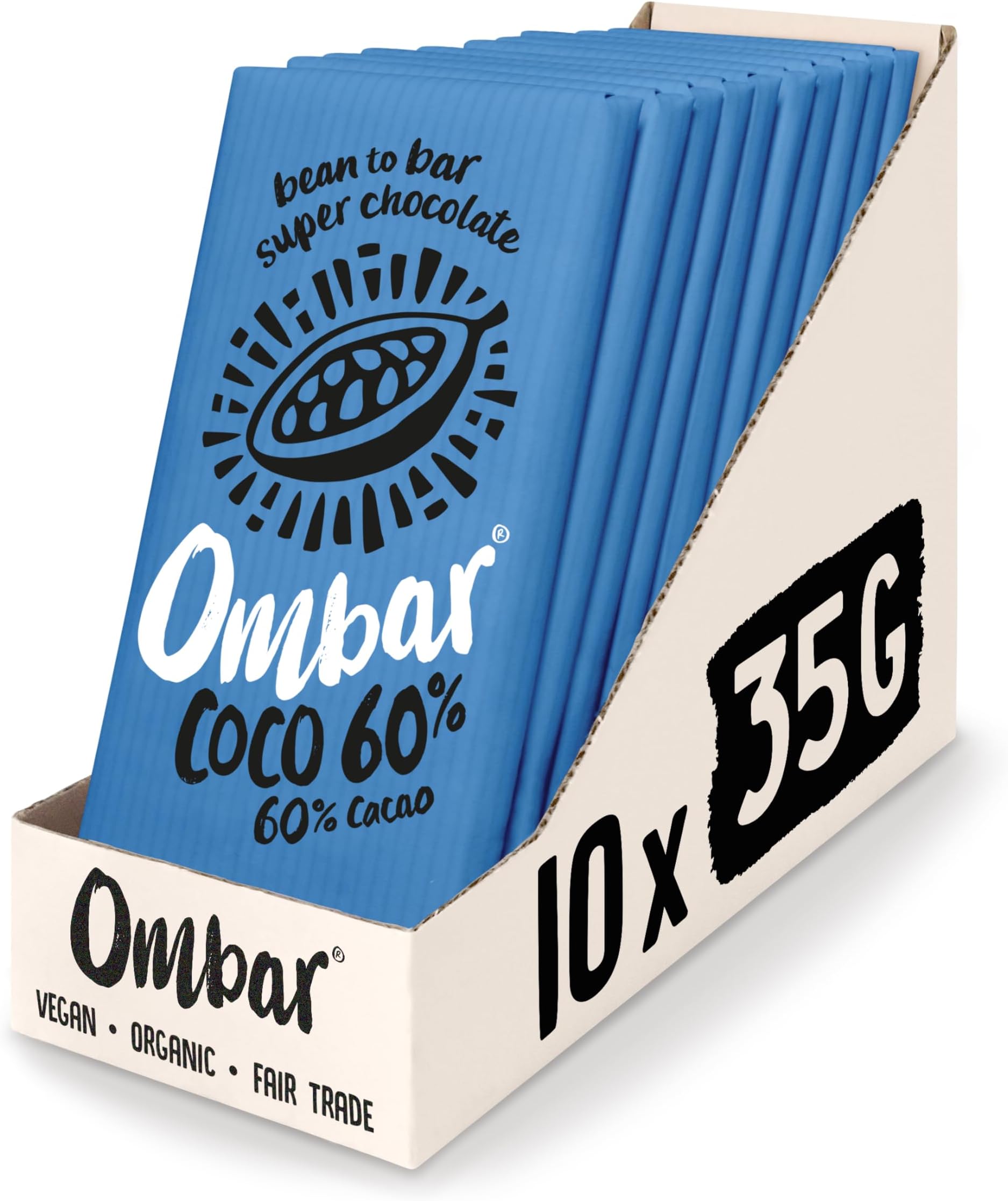 Vegan Chocolate - Ombar Coco 60% Dark Chocolate (35g x 10 Bars) Organic, Fair Trade, Dairy Free and Gluten Free Chocolate