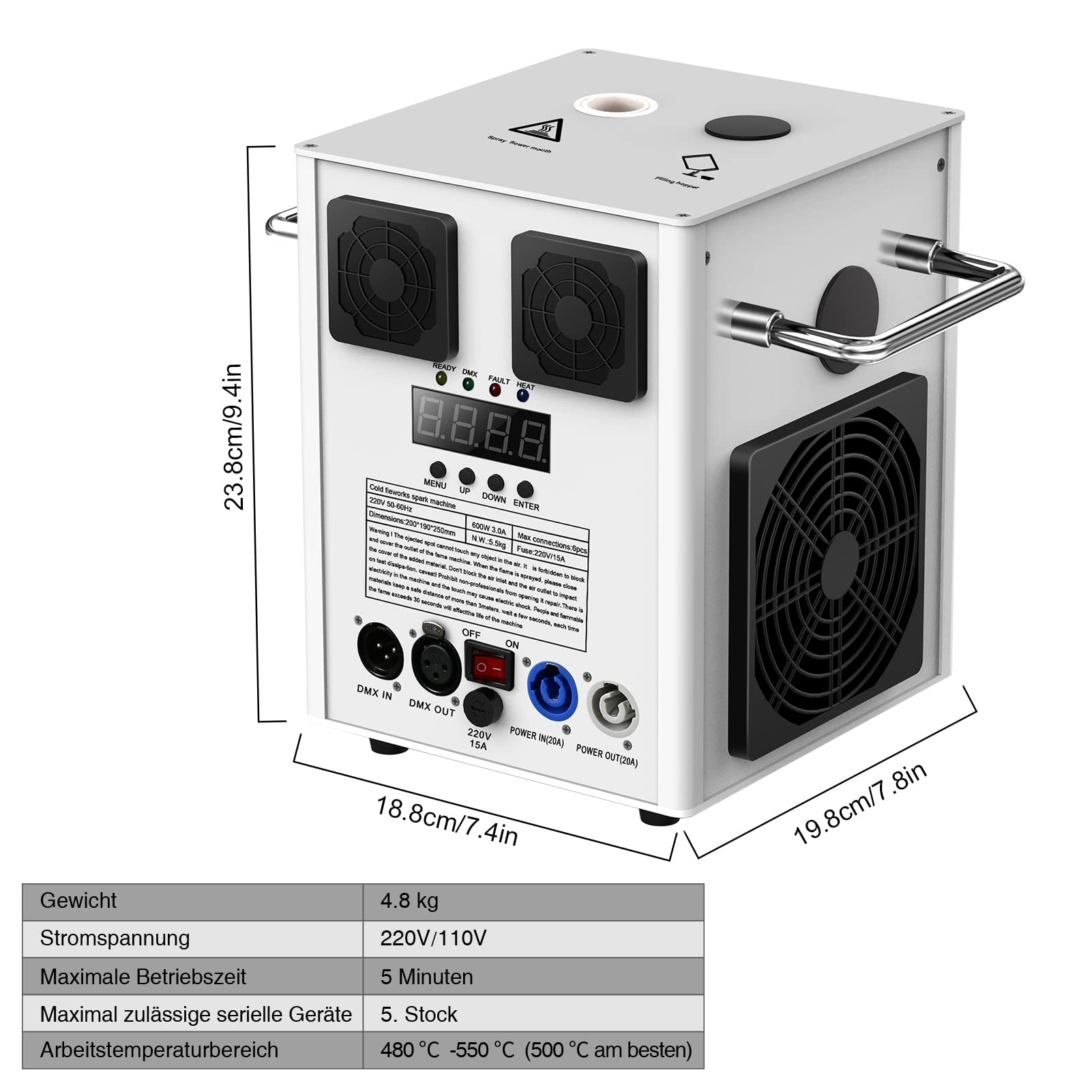 530W Macchina Pirotecnica per Fuochi d'artificio Cold Spark, DMX Effetto Macchina per Palcoscenico con Telecomando, per Bar, Feste, Halloween, Natale, Matrimoni, Concerti