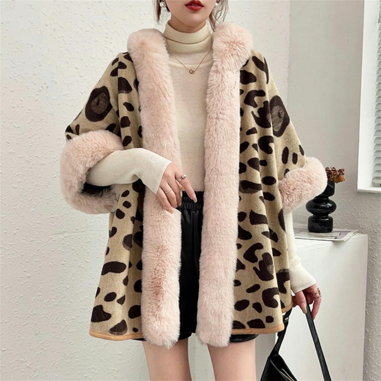 Poncho Donna Collaggio da Pelliccia da Donna Capo A Maglia Cardigan Cape con Cappuccio per Leopardo da Donna-Stampa Leopardo Grigio