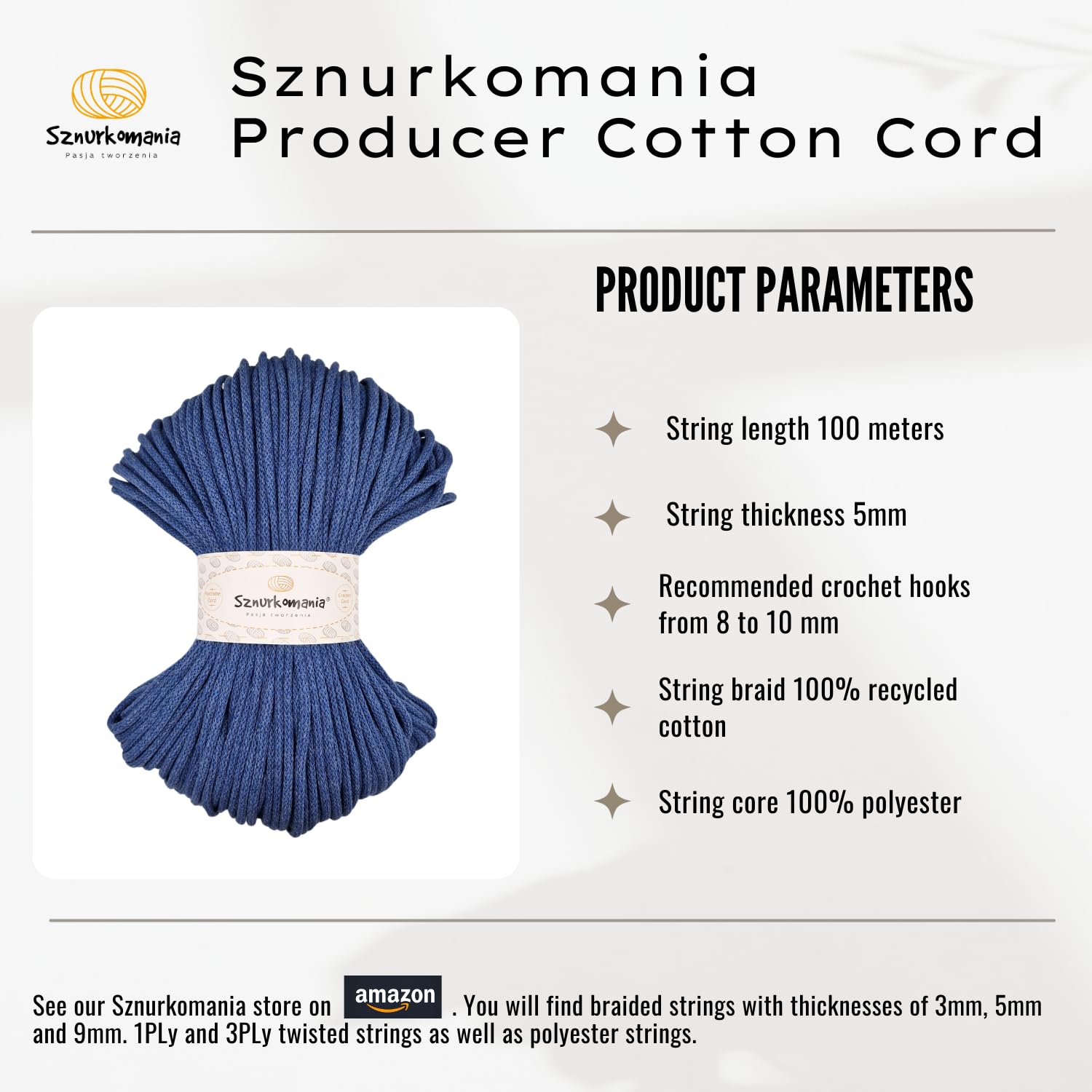Sznurkomania (Jeans) Premium Cotton Cord - 5mm, 100m, 46 Colors, Crochet & Macrame Cord/Rope