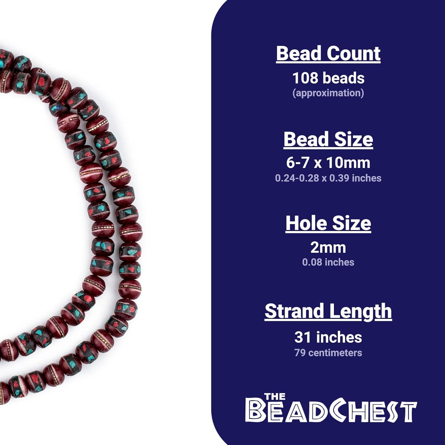 The Bead Chest Crimson Red Inlaid Bone Mala Beads 10mm Nepal Round Large Hole 31 Inch Strand
