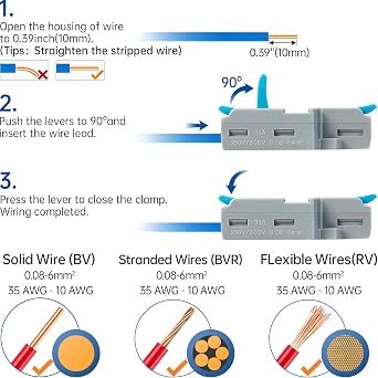 10Pcs Lever Wire Connectors, Quick Disconnect Kit Cable Clamp Terminal Blocks for Electrical Wire (2 in 6 Out)