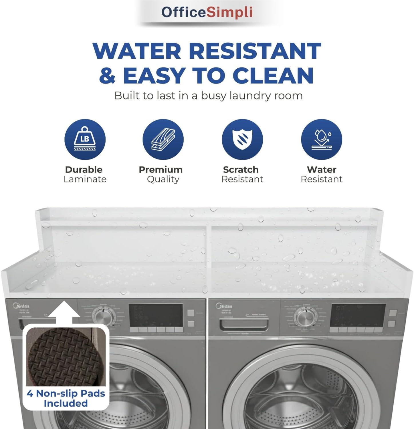 OfficeSimpli Large Washer Dryer Countertop with Shelf - 30 x 58 Inch - Made in USA Laundry Countertop Over Washer and Dryer with Non-Slip Pads, Storage Shelf, Laundry Topper Organizer, Gracier White