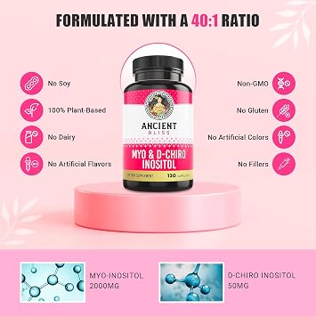 Ancient Bliss Myo & D-Chiro Inositol Supplement, 40 to 1 Ratio, Helps in Ovarian Function Support for Women, Vitamin B8 Helps to Regulate Menstrual Cycle, 2050mg per Serving, 120 Vegan Capsules