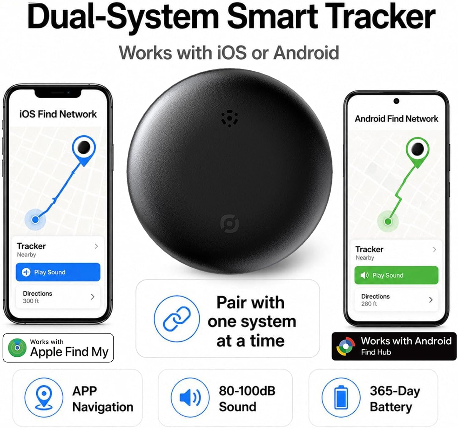 Dual System GPS Tracker for iOS and Android Bluetooth Tracker Smart Tags Compatible with Apple Find My (iOS) & Google's Find Hub (Android) for Keys, Vehicles, Car, Luggage, Wallet (4-Pack)