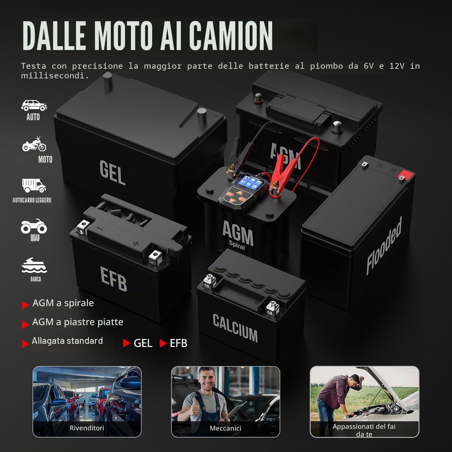 KONNWEI KW218 Tester per Batteria 6V 12V, Tester Carico Digitale 100-2000 CCA per Auto, Camion, Marina, Moto, SUV, Barca - Strumento di Test Alternatore