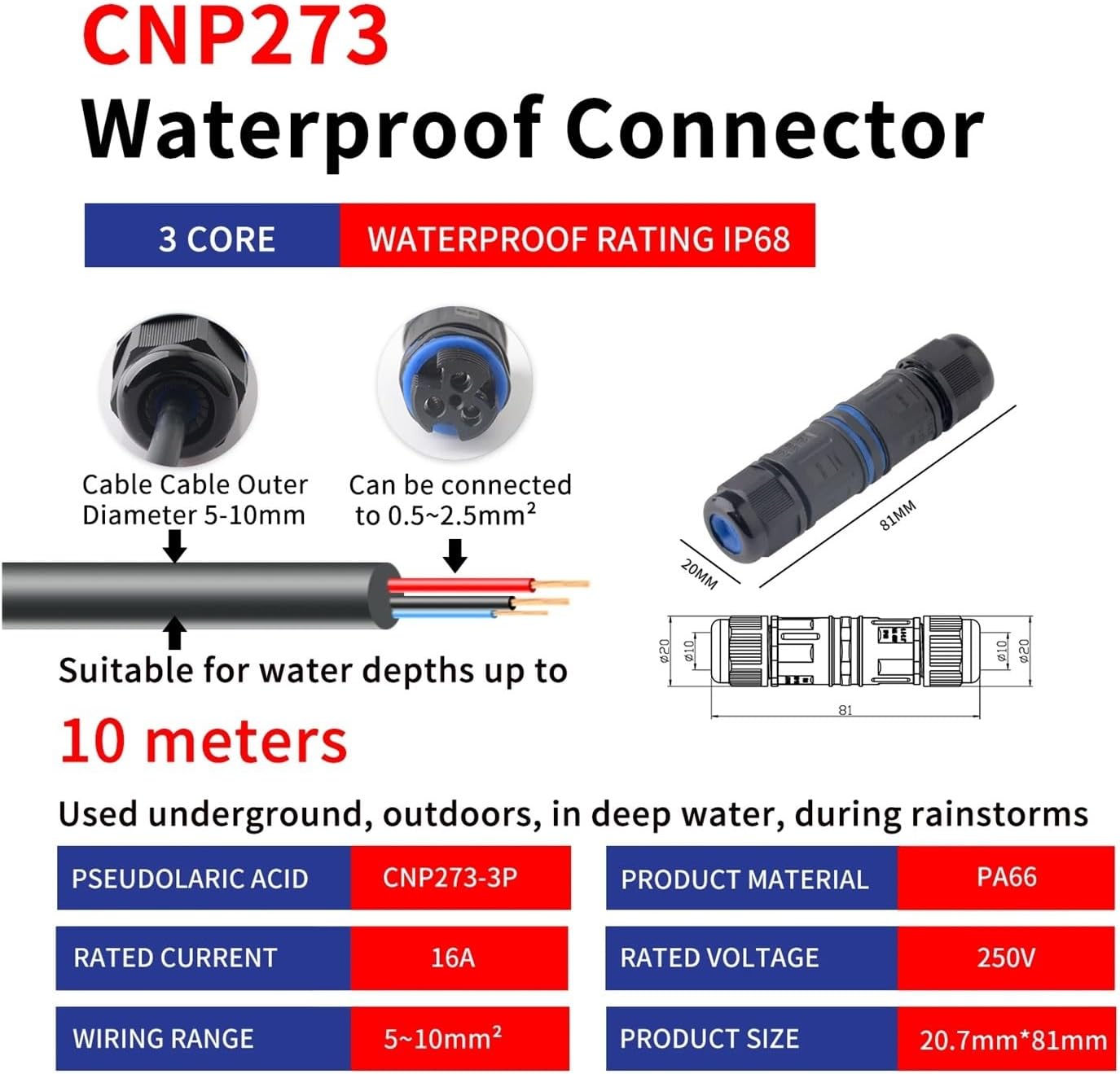 CNP 27 IP68 Waterproof Joint Cable Quick Connectors Outdoor 2 3 4 5 Pins Rainproof Terminal 16A Solderless Straight Safe(CNP273-3P)