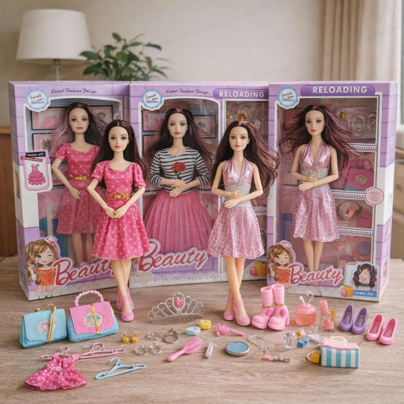 SHAKTISM Beauty Doll Set for Girls with Makeup, Dress, Accessories, Wardrobe Closet, Hangers, Necklace, Multicolor, 3+ Years - Random Colour - 1Pc