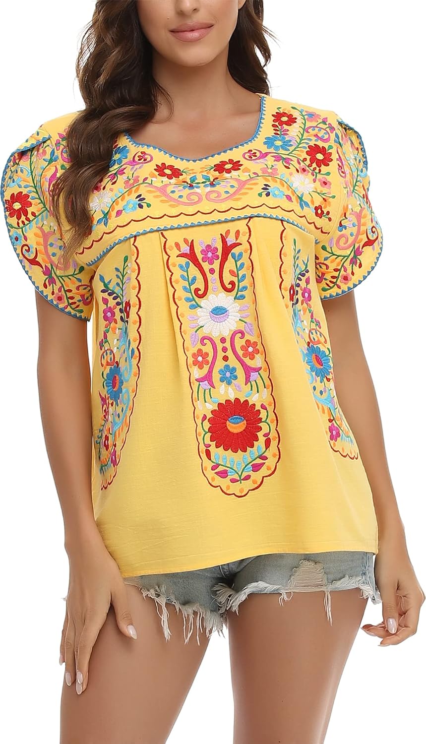 YZXDORWJ Women's Summer Boho Embroidery Mexican Bohemian Tops Shirt Tunic - Image 6