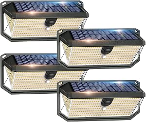 SyouHome Solar Motion Sensor Lights Outdoor, 4000LM 380 LED Solar Lights Outdoor, IP65 Waterproof 3 Modes 270° Wide Angle Solar Security Lights for Yard, Garage, Garden, Deck（4 Pack）