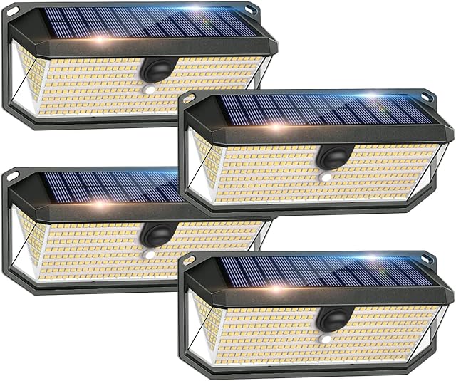 SyouHome Solar Motion Sensor Lights Outdoor, 4000LM 380 LED Solar Lights Outdoor, IP65 Waterproof 3 Modes 270° Wide Angle Solar Security Lights for Yard, Garage, Garden, Deck(4 Pack)