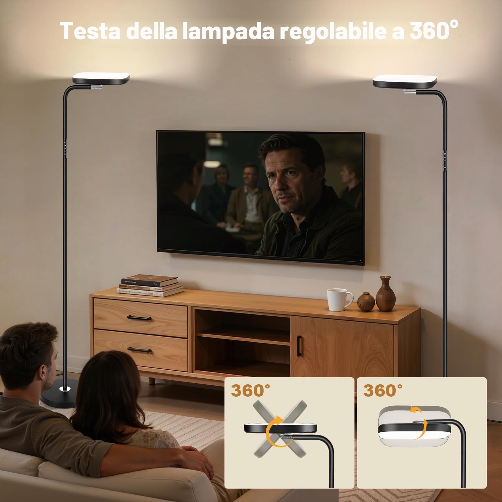 Lampada da Terra LED 36W 3200LM con Telecomando - 5 Tonalità di Colore Regolabile & Luminosità Dimmerabile - Piantana da Lettura Regolabile a 360° per Soggiorno, Camera da Letto, Ufficio - Nero