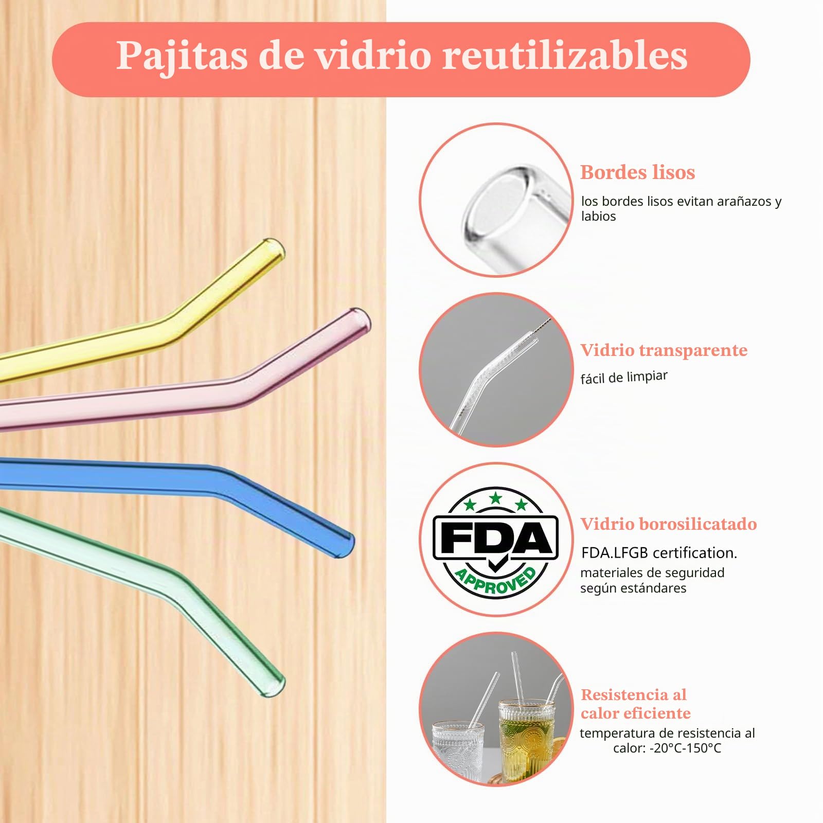 10 Piezas 200 mm Pajitas Reutilizables Vidrio, LFGB Certificación Pajitas de Vidrio Multicolor con 2 Cepillos de Limpieza, Sin BPA, Pajitas de Cristal para Cócteles, Batidos y Jugos