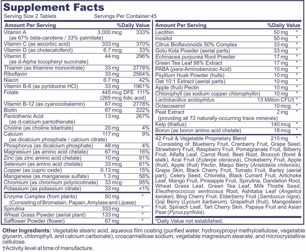 Life's Vitality Vegan Multivitamin for Men & Women – Non-GMO Formula with 42 Fruits and Vegetables, Daily Multivitamin and Mineral Complex with Vitamin D for Immune Support, 90 Tablets