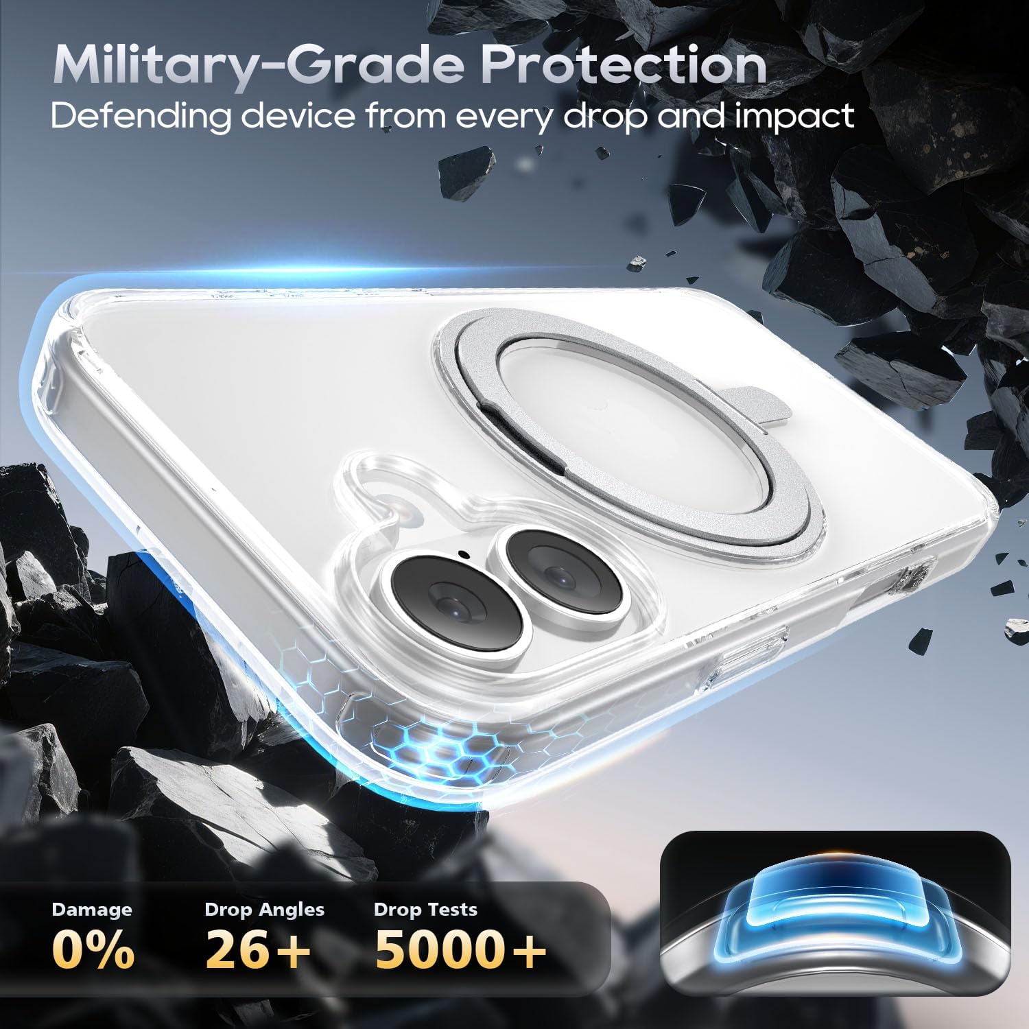 for iPhone 17 Case 6.3-Inch with Magnetic 360° Ring Stand Compatible with MagSafe Crystal Clear Shockproof Protective Phone Cover 6.3" 2025, Clear