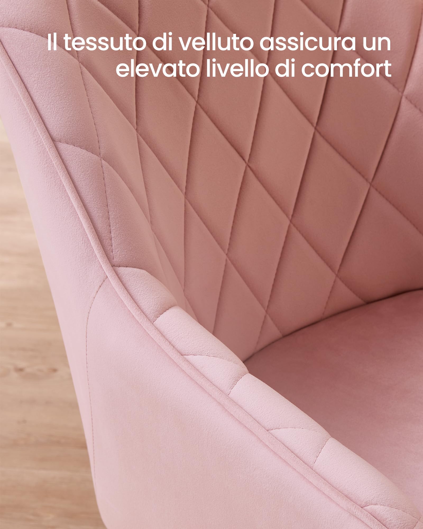 SONGMICS, Sedia, Poltrona Imbottita in Velluto, con Braccioli, Portata 120 kg, Gambe in Metallo, per Sala da Pranzo, Cucina, Rosa Pastello e Dorato Pallido LDC088R01, 60 x 62.5 x 85 cm