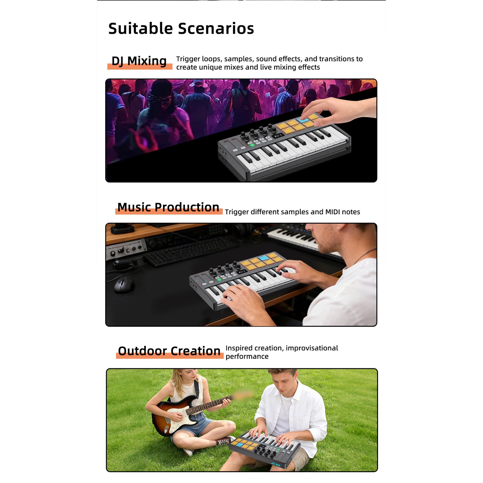 Walmeck Tastiera Controller MIDI BT a 25 Tasti con Pad Sensibili Alla velocità, Funzione di Accordo Arpeggiatore e Ricevitori Ricaricabili per la Produzione DAW (Nera)