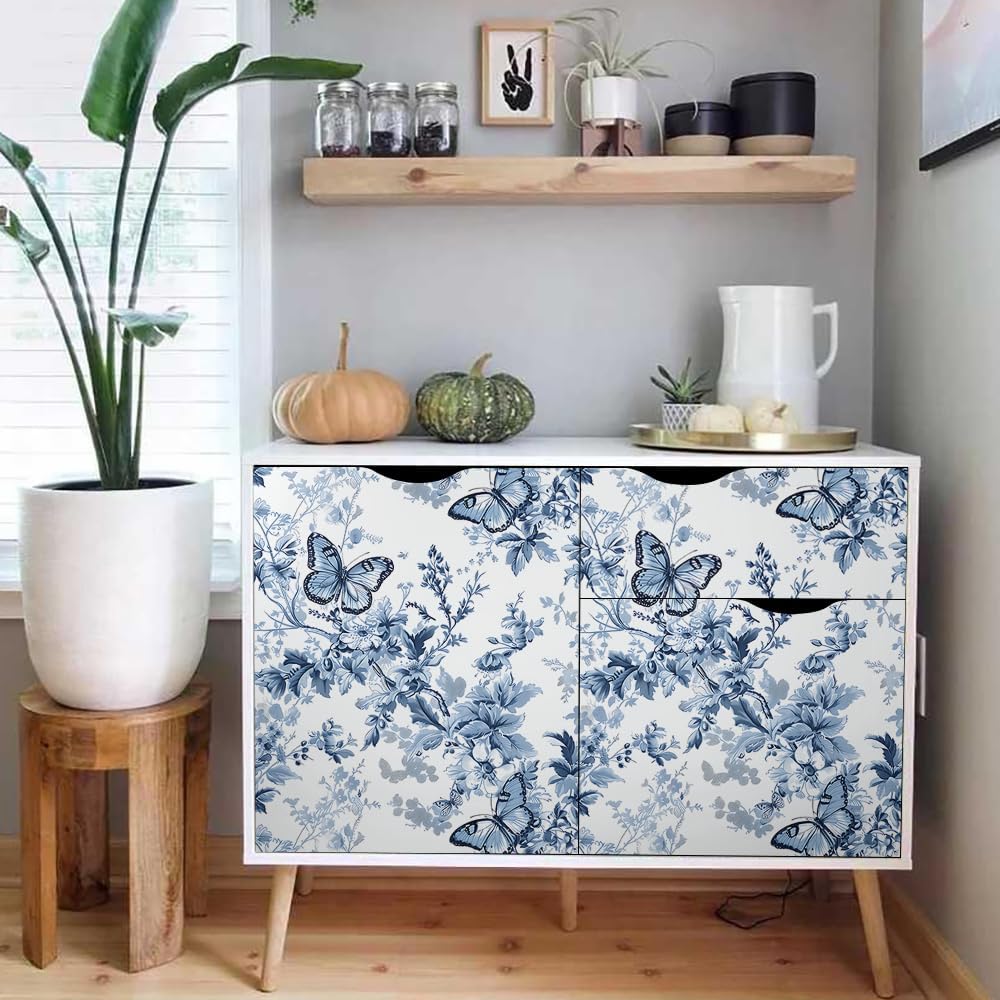 18"x236" Blue White Butterfly Flower Peel and Stick Self Adhesive Wallpaper Removable Contact Paper Stick on Easy Peel Off Wall Paper for Kitchen Bedroom Bathroom Renter