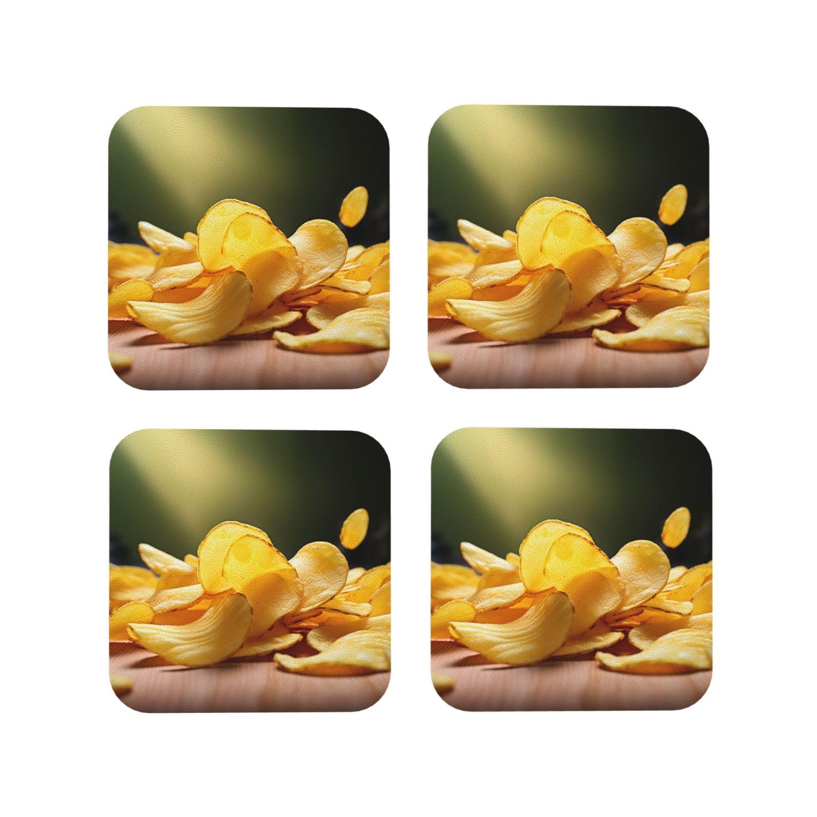 4Pcs PU Leather Coaster for Drinks, Potato Chips Cup Coastersr 4" Cup Mat Pad, Aesthetic Drink Coasters for Coffee Table, Square Coaster for Tabletop Protection