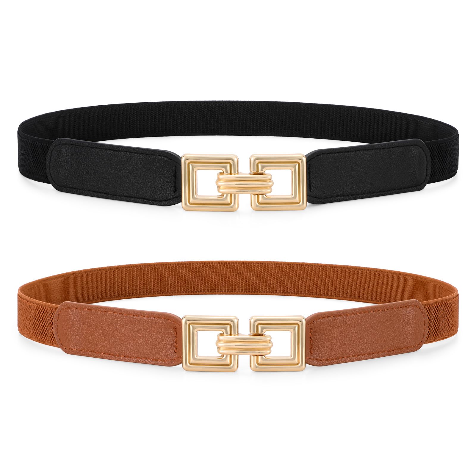 XZQTIVE 2 Pack Damen-Schmalgürtel,Feiner Stretch-Gürtel mit Vintage Goldschnalle, Perfekt für Kleider & Elegante Anlässe