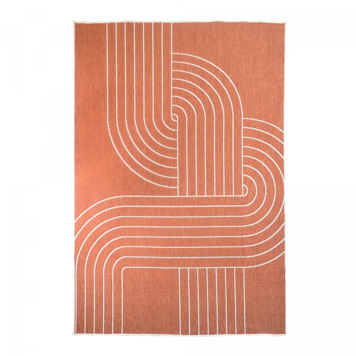 Tapis Exterieur 160 X 230 Cm, Terracota Et Écru Motif Géométrique Graphique, Kilim Tissé Belgique, Idéal Terrasse Jardin Balcon, 12056