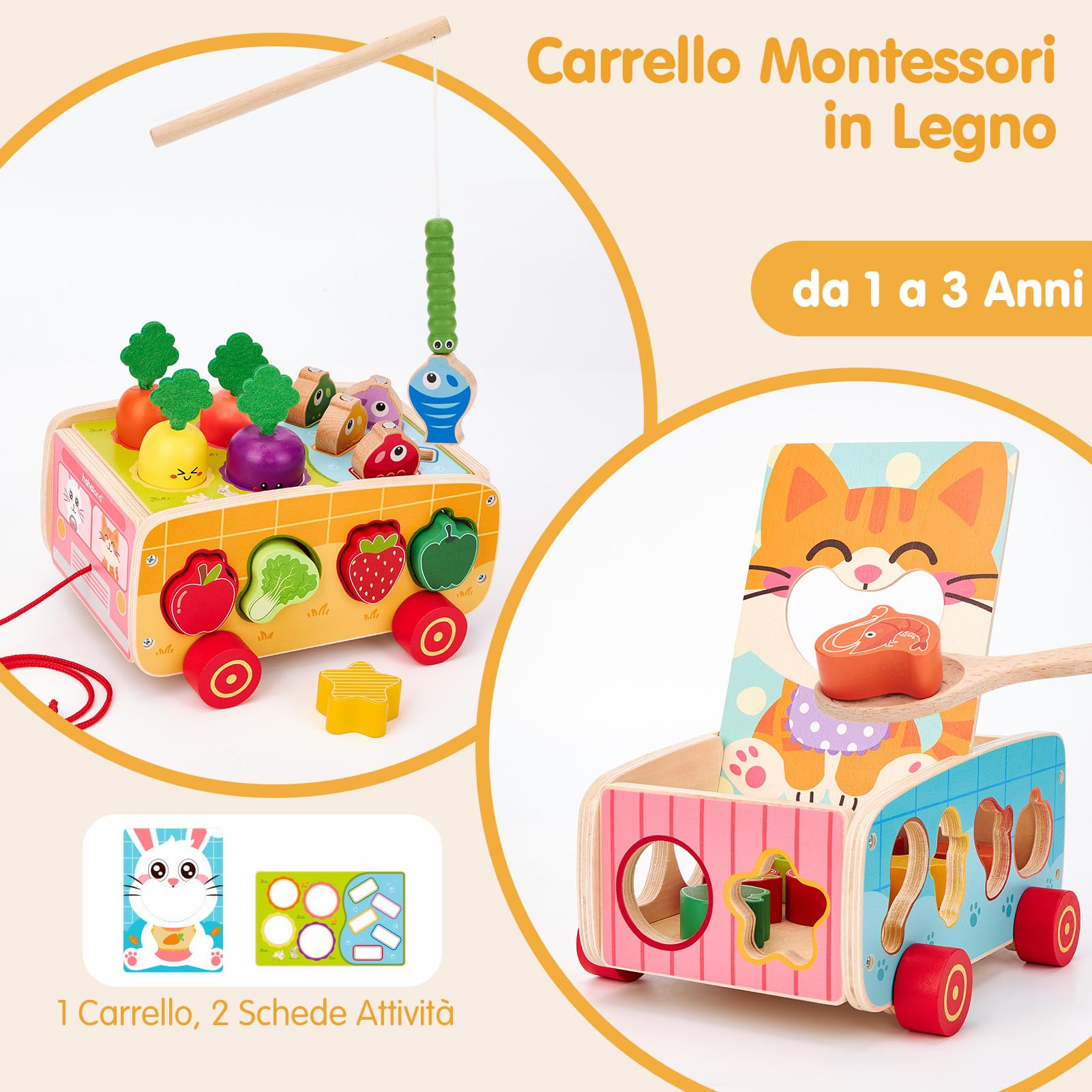 hahaland Giochi Montessori in Legno 1 2 3 Anni, 7 attività Educative con Pesca Magnetica, Motricità Fine e Carrellino Trainabile, Regalo per Bambini Bambina 18 Mesi