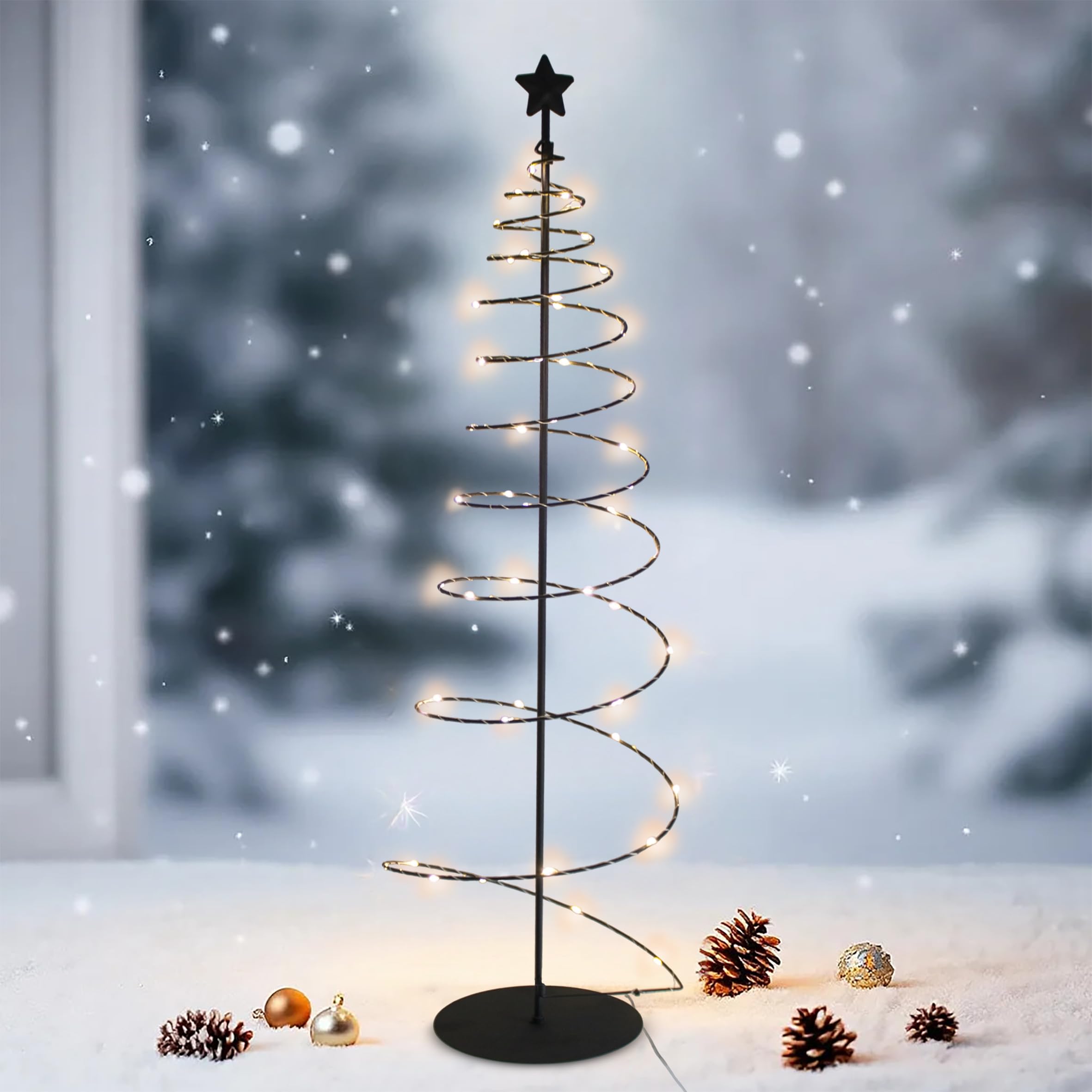 Spiral Weihnachtsbaum mit 47 LED aus Metall in schwarz mit Timer - 80 cm - Lichterbaum mit Stern Spitze warm weiß beleuchtet Batterie betrieben
