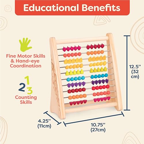 Miniatura 4 de B. toys Ábaco de madera para niños, juguete clásico de aprendizaje de matemáticas con 100 cuentas educativas para suma, resta de números y contar